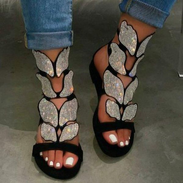 

fashion women sandals shiny sequins 2021 summer outdoor beach open toe flat heel causal rhinestone ladies shoes plus size, Black