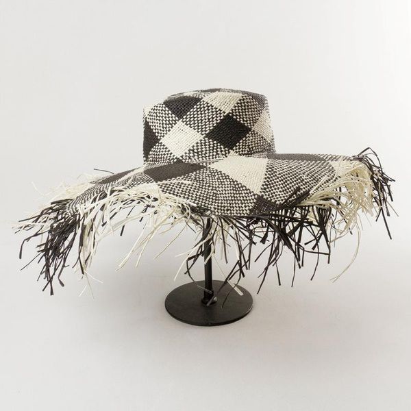 

wide brim hats grey black and white geometric matching color flat hair with whiskered edge big straw hat outdoor beach sun protection, Blue;gray