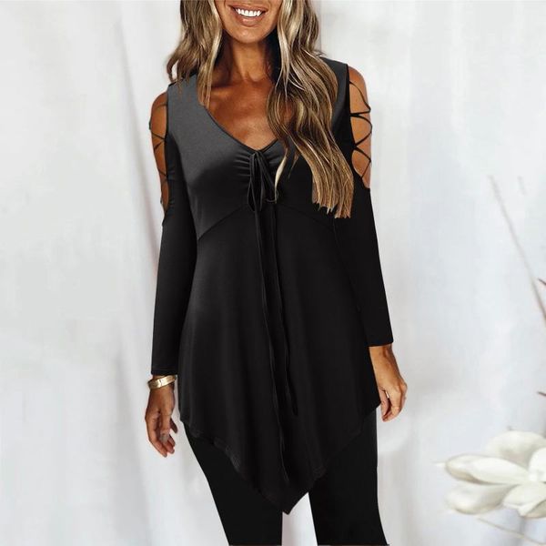 

women's blouses & shirts women blouse bandage hollow out long sleeve v neck casual solid color elegant irregular hem center shirred sh, White