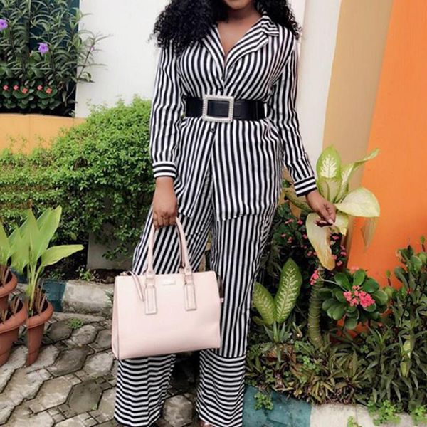 

two piece dress stripe office lady wide legs women sets autumn winter long sleeve and pants suit set casual blazer female outfits, White