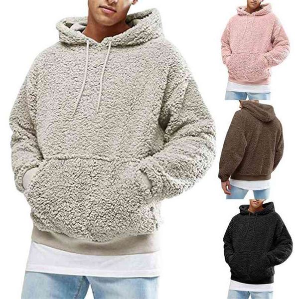

mens warm faux fur fleece hoodie hooded sweatshirt casual pullover men clothing solid color streetwear with kangaroo pockets 210813, Black