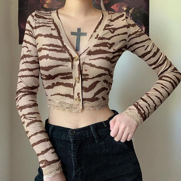 

women's t-shirt fashion striped casual lace female t shirts autumn long sleeve v neck single-breasted office lady slim wild short tee, White