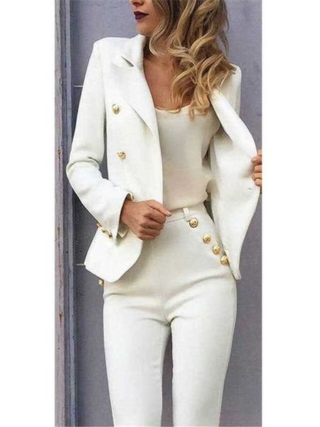 Branco Slim Fit Pant Ternos Jaqueta + Calças Mulheres Ternos Negócios Blazer Formal Senhoras Escritório Uniforme Estilo Feminino Calças Calças Pantsuit 210927
