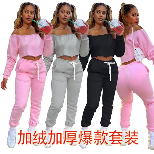 

autumn winter sweater one-line collar solid color two-piece set plush thickened leisure sports suit, Gray