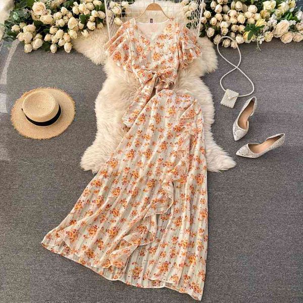 

singreiny summer boho floral womens tracksuits vacation suits v neck short sleeve high waist ruffle split maxi skirt two, Gray