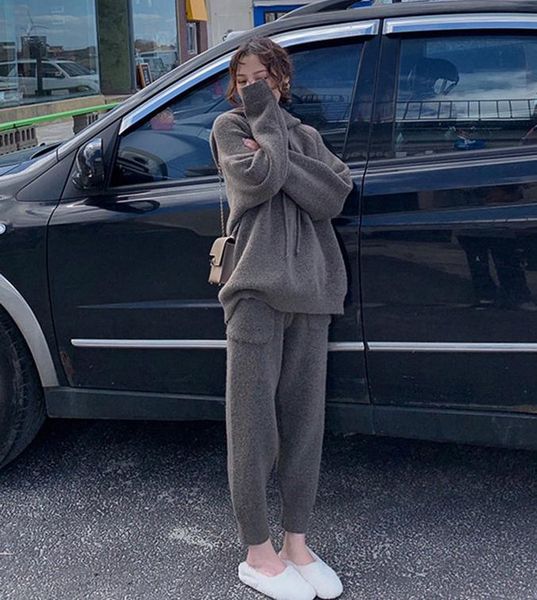 

women's two piece pants casual knitting pieces suits for women hooded sweater pullover +harem ladies chic knitted tracksuits jumpers su, White