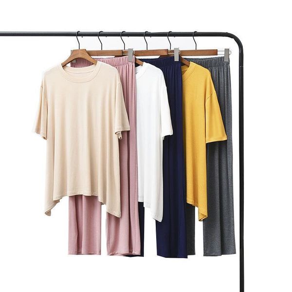 

summer&autumn women sleepwear comfort soft modal pajamas set round collar solid color 2pcs +pants/shorts loose homewear, Black;red