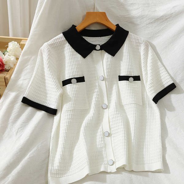 

hit color thin knit cardigans woman elegant fashion korean short sleeve crop streetwear mujer sweater 210529, White;black