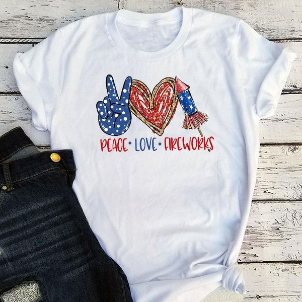 

women's t-shirt peace love fireworks shirts harajuku 2021 women america 4th of july girls summer om patriotic graphic t, White