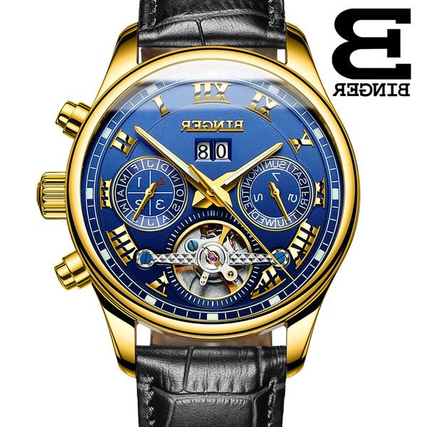 

switzerland skeleton automatic watches men mechanical watch binger multifunction military leather wrist relogio masculino, Slivery;brown