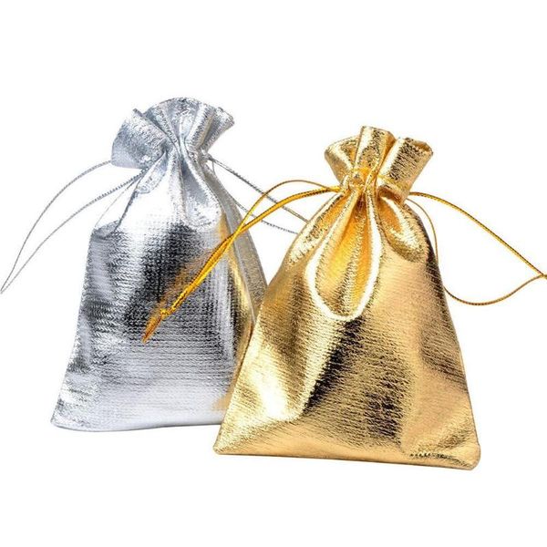 

gift wrap 100pcs/lot adjustable jewelry packaging bags gold silver color drawstring bag wedding party favor candy 5x7 7x9 9x12 10x15cm
