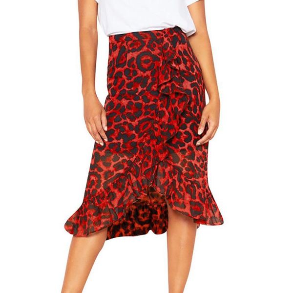 

skirts leopard long womens high waist split skirt femme ruffle irregular casual office red lady, Black