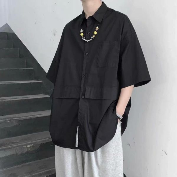 

men's casual shirts summer short-sleeved shirt fashion black white men streetwear korean loose pocket mens -2xl, White;black