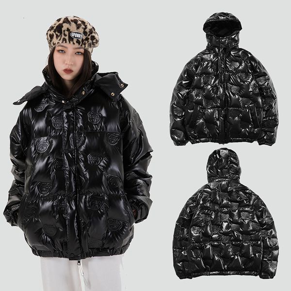 

2021 new high street shiny cartoon black winter men and women detachable hat oversize windbreaker casual thick down coat tk61
