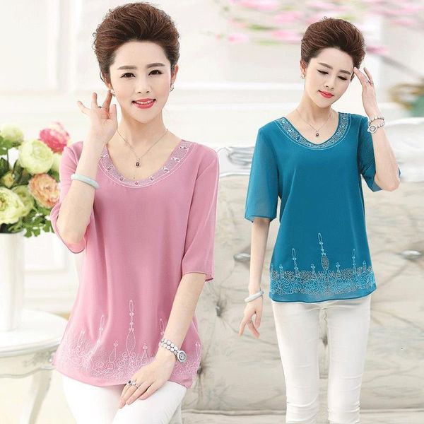 

nifullan summer middle age women's chiffon short sleeved t-shirt plus large size mother embroidery lady clothing pullovers, White