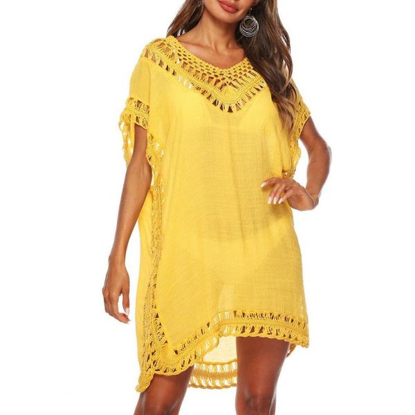 

women's swimwear loose women bikini cover up short solid color hollow out sleeve  v neck dress beach party, White;black