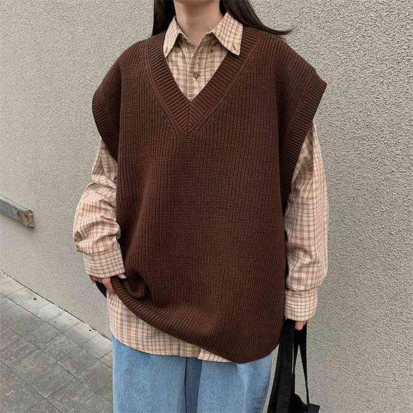 

legible autumn winter sleeveless sweater women solid color v neck knitted vest female jumpers pull femme sweaters 210819, Black;white