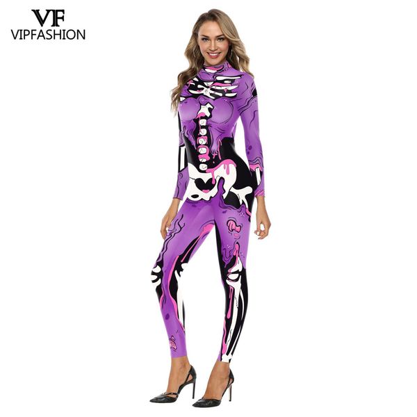 VIP FASHION Adulto Scheletro Stampa Halloween Cosplay Per Le Donne Fantasma Tuta Festa di Carnevale Prestazioni Costume Spaventoso Tuta Y0913