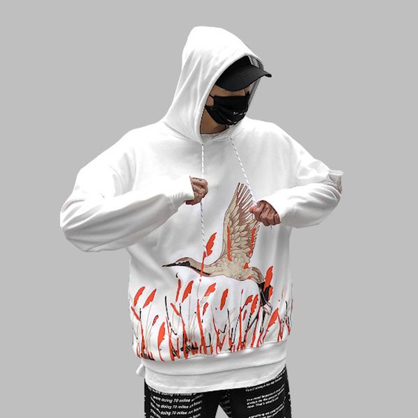 

chinese crane printed hoodie sweatshirt men women japan style hip hop fashion hooded pullover hoodies kg-48, Black