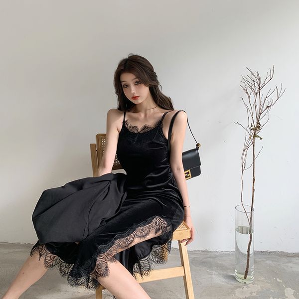 

2021 new summer autumn girls loose lace patchwork spaghetti strap womens split black (r99452) xngr, Black;gray