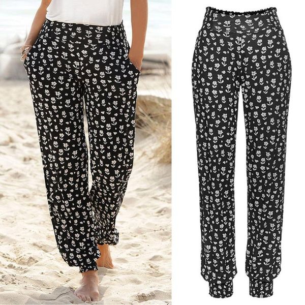 

women's pants & capris 2021 women boho beach pockets with elastic high waist easy trousers fashion printing long pantalones de mujer, Black;white