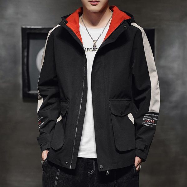 

men's jackets spring and autumn korean version of the trend handsome letter wild casual mens hooded jacket plus size 4xl, Black;brown