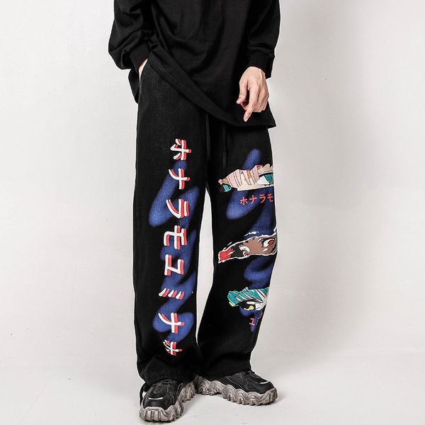 

men's pants japonÃªs harajuku calÃ§as de brim dos homens desenhos anima anime impressÃ£o carga casuais baggy perna larga hip hop streetwea, Black