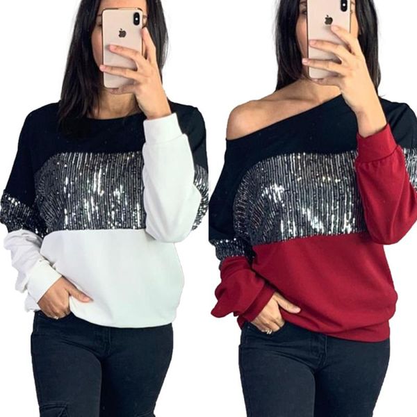 

women's blouse ladies sequin blouses 2021 autumn patchwork long sleeve shiny ladies shirt gold blouse femme loose, White