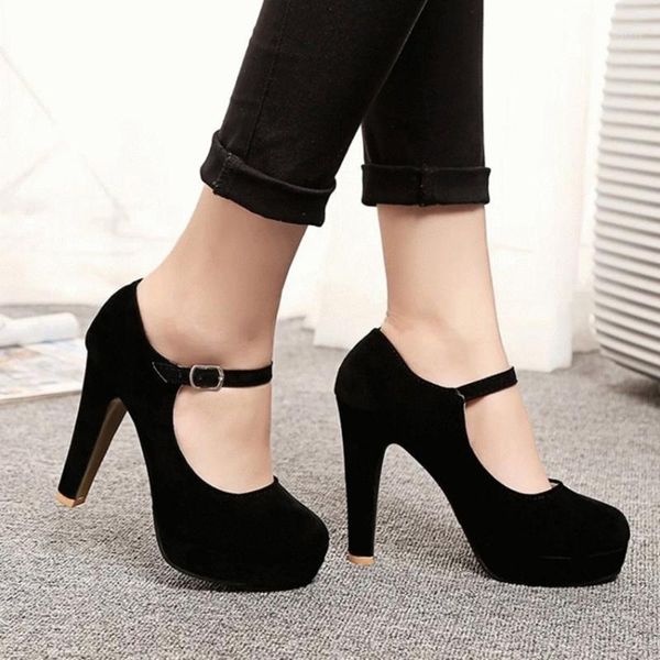 

dress shoes women's fashion square heels flock shallow high ultra platform zapatos de mujer tac n altos #31, Black