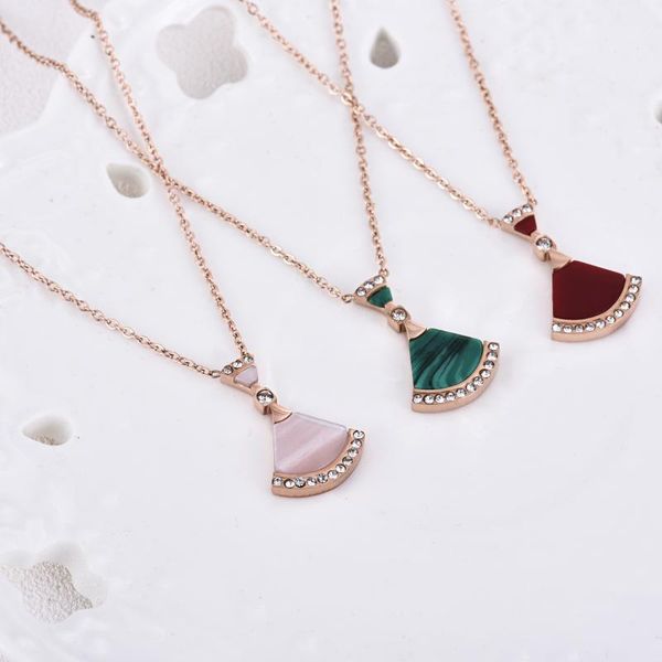 

pendant necklaces titanium steel shell fan-shaped skirt necklace women plated rose gold white baby green red powder agate clavicle chain, Silver