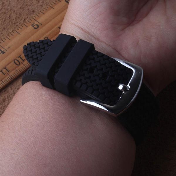 

watch bands 22mm black rubber watchband for mens strap with stainless steel polished buckle waterproof watches band soft bracelet, Black;brown