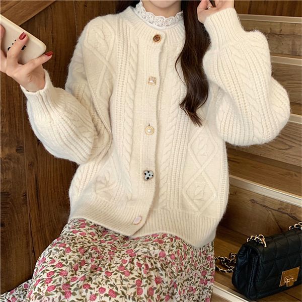 

2021 new women's korean style sweaters with lace base shirt single breasted ladies cardigan long sleeve sweet knitted wear for female e, White;black