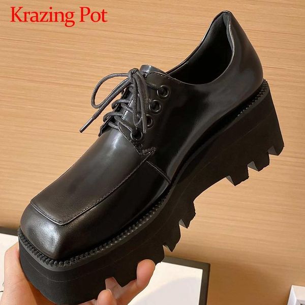 

dress shoes krazing pot big size british school full grain leather mixed colors square toe thick high heel lace up platform women pumps l31, Black