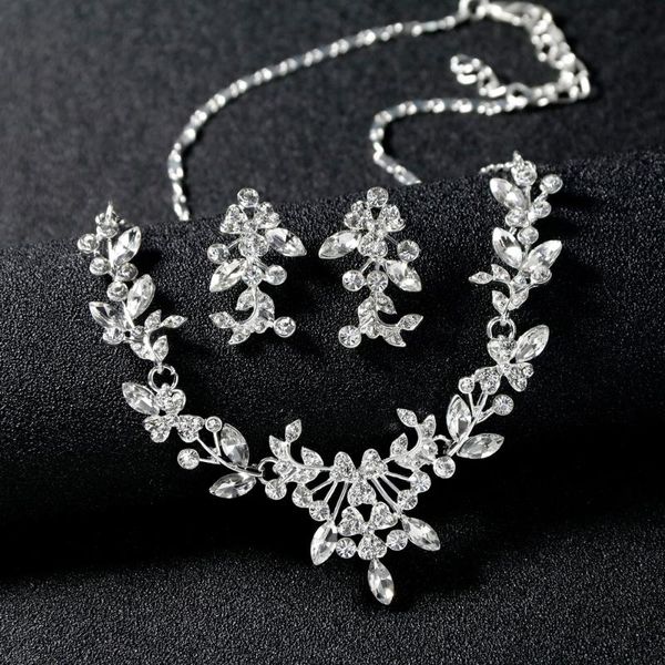 

earrings & necklace luxury female white crystal jewelry set charm silver color dangle earring for women dainty flower zircon wedding chain