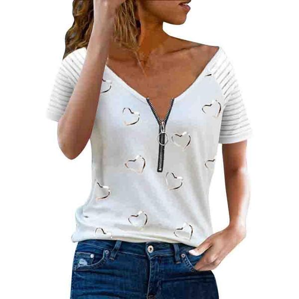 

women's t-shirt v-neck zipper heart-shaped print summer short sleeves two colors women t shirt 2021 clothing, White