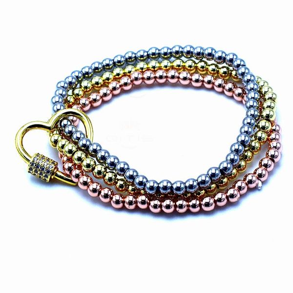 

tennis fashion love heart shaped cz white zircon spiral buckle and 4mm copper beads mixed color bracelets&bangles ladies jewelry gift, Golden;silver