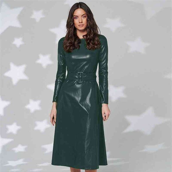 

fashion belt faux leather dresses women long sleeve slim fit pu dress club wear arrival autumn winter, Black;gray