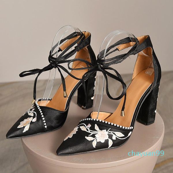 

2021 shoes women lace up evening party high heel pointed toe ankle strap embroidery pumps for lady elegant fashion solid, Black