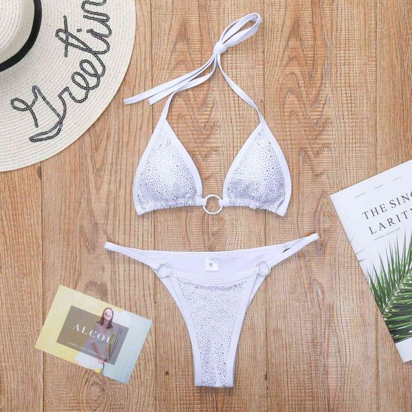 Brilhante Rhinestone Branco Swimsuit Mulheres Sexy Bandage Halterneck Triângulo Push Up Bikini Set Mulher Mini Mini Tiny String Thong Swimwear Y0820