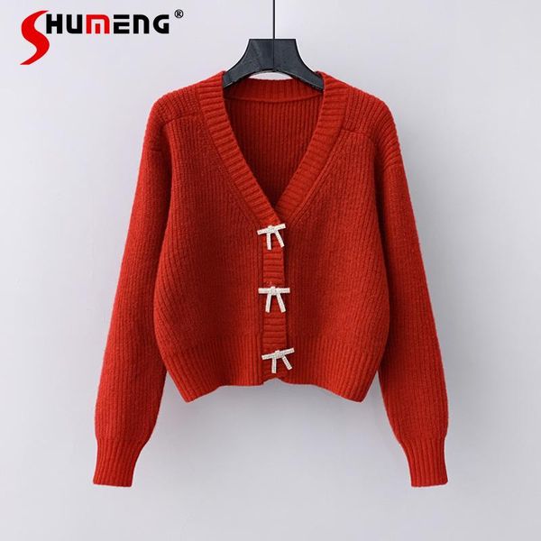 

2021 spring autumn rhinestone bow design knitted cardigan short v-neck lady fashion solid outerwear sweater coat, White