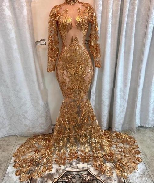 Sparkly Illusion Gold Mermaid Prom Kleider 2021 Arabisch Afrikanische Pailletten High Neck Spitze Applizierte Langarm Frauen Formale Abend Party Kleider