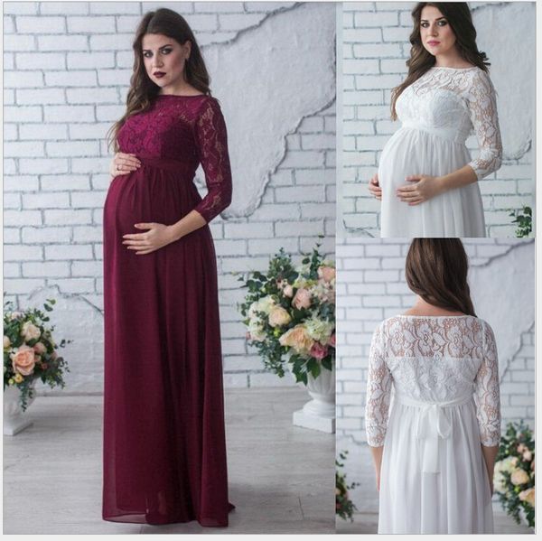 

long sleeve lace stitching maternity dresses women's loose tailed pregnant dress, White