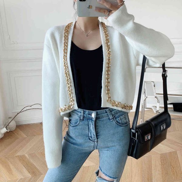 

french simple style 2020 autumn and winter new lady temperament chain decorative placket short knitted coat, White