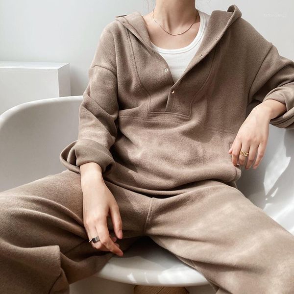 

women's tracksuits 2021 spring two pieces set women khaki hooded + elastic wiast full length pants hoodies sets winter thick ladies tra, Gray
