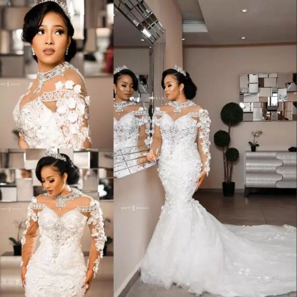 

2022 crystals mermaid wedding dresses bridal gown 3d floral applique tulle chapel train long sleeves custom made plus size beach vestido de, White