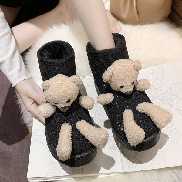 

boots snow women 2021 fur one fashion cute soft waterproof rhinestone plus velvet thick short, Black