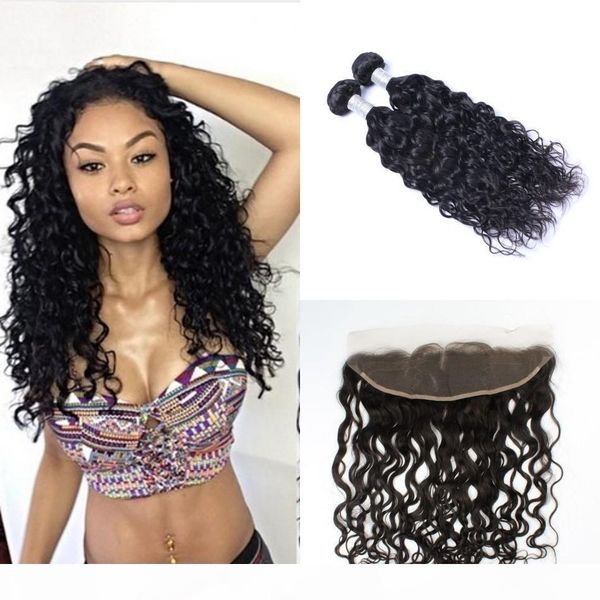 

mongolian water wave human hair weft bundles with frontal 13x4 ear to ear lace frontal with 2 bundles, Black;brown