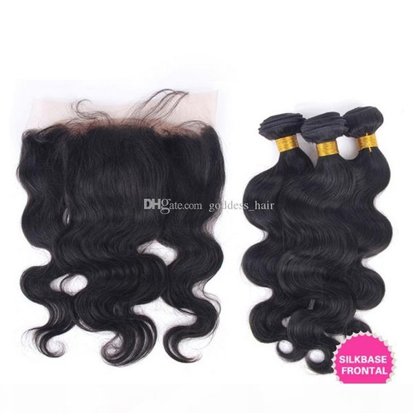 

8a brazilian body wave with silk base lace frontal 13*4 ear to ear silk full lace frontals with bundles 4pcs lot, Black
