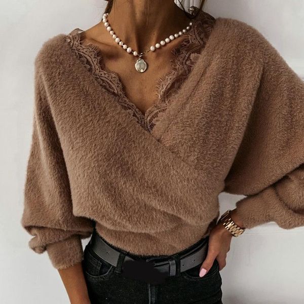 

women's sweaters female party club fashion office lady v-neck autumn winter clothing slim elegant 2021 lace women pullovers g2158, White;black