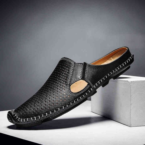 

dress shoes men half casual split leather loafers brand handmande slipon driving hollow breathable summer slippers male flat hien, Black